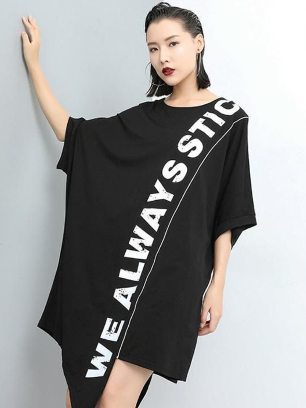 Ella Black Asymmetrical Tee Dress with White Diagonal Slogan